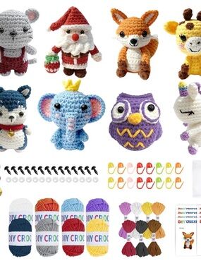 DIY Crochet 8-Piece Kit with Yarn and Instructions for Multiple Figures
